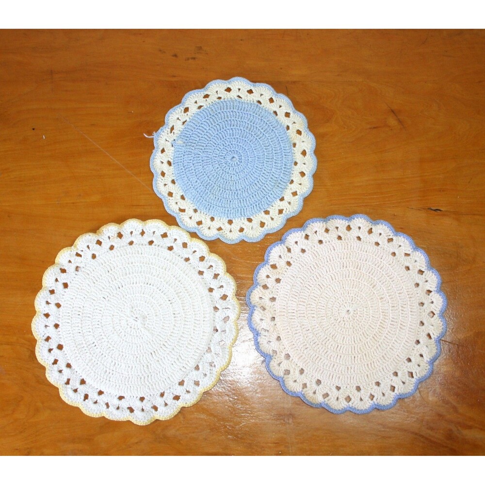 Vintage Lot of 3 Round Crochet Doily Blue, White, and Yellow Handmade 6" and 7"
